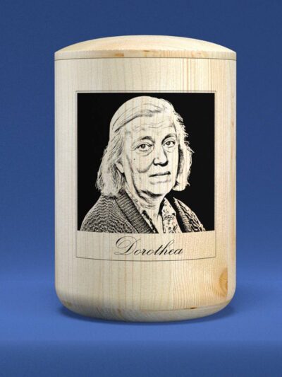 Urne aus Holz mit Foto des Verstorbenen