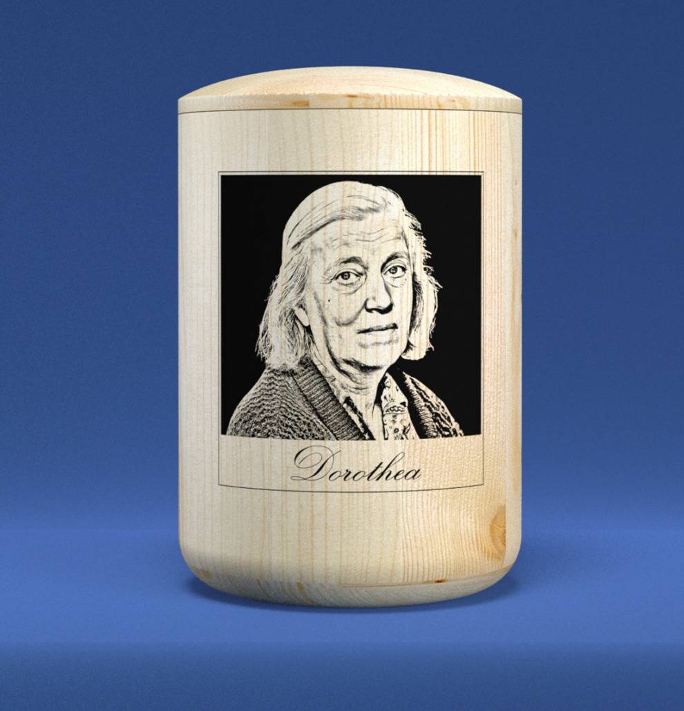 Urne aus Holz mit Foto des Verstorbenen